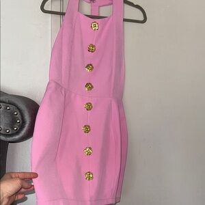 Chic Pink Halter Dress with Gold Accents